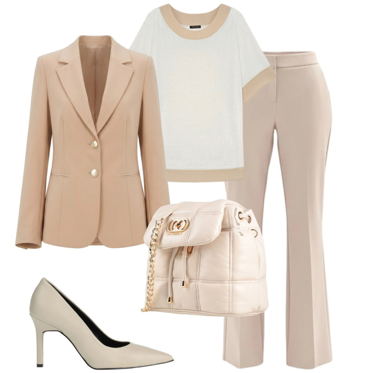 Outfit donna - City. Stile Urban per Tutti i giorni. Abbinamento con décolleté, valigie, t-shirt, pantaloni, blazer.