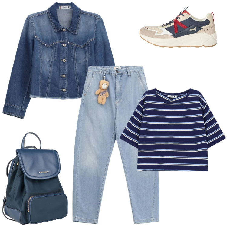 Outfit donna - Campagnata tra amici. Stile Sporty chic per Tutti i giorni. Abbinamento con zaini, sneakers, jeans, blazer, top.