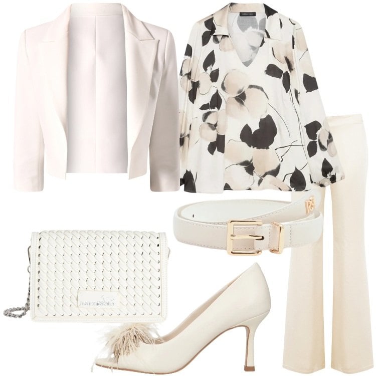 Outfit donna - Cerimonia chic. Stile Chic per Cerimonia. Abbinamento con décolleté, bluse, borse a tracolla, blazer, cinture, pantaloni a palazzo.