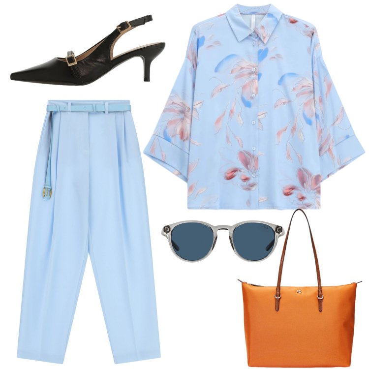 Outfit donna - Energia celeste. Stile Casual chic per Ufficio. Abbinamento con camicie, pantaloni a palazzo, sandali col tacco, occhiali da sole, borse tote.