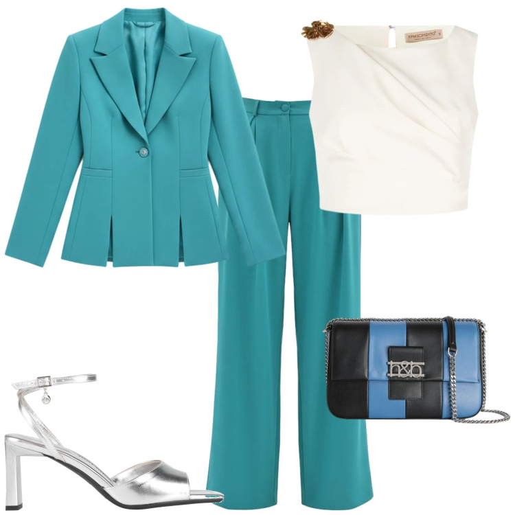 Outfit donna - Spring time. Stile Chic per Cerimonia. Abbinamento con sandali col tacco, borse a tracolla, blazer, top, pantaloni a palazzo.