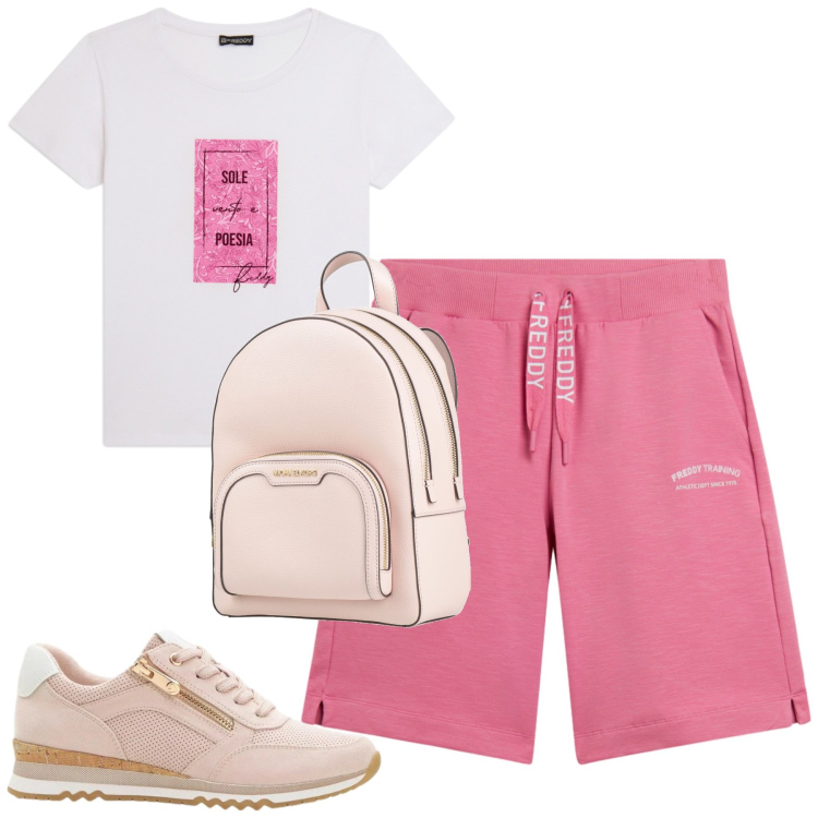 Outfit donna - Freddy. Stile Casual per Tutti i giorni. Abbinamento con zaini, sneakers, t-shirt, pantaloni corti.