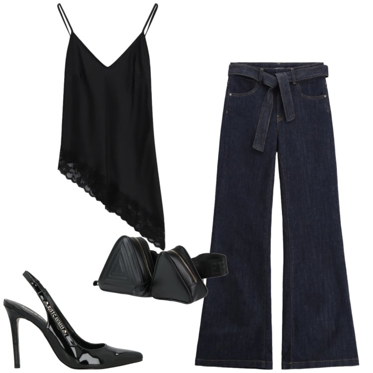 Outfit donna - Serata. Stile Trendy per Serata fuori. Abbinamento con marsupi, décolleté, jeans a zampa, top.
