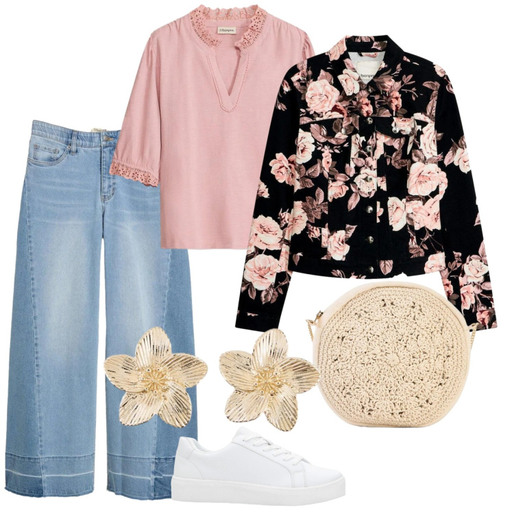 Outfit donna - Primavera in fiore. per Tutti i giorni. Abbinamento con blazer, bluse, jeans, borse a tracolla, sneakers, orecchini.