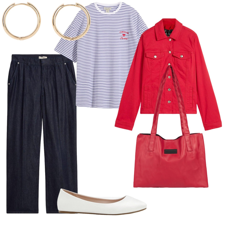 Outfit donna - Aperitivo. per Tutti i giorni. Abbinamento con jeans dritti, blazer, ballerine, t-shirt, orecchini, shopping bag.