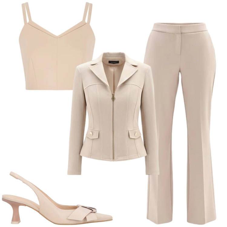 Outfit donna - Toni neutri. Stile Chic per Tutti i giorni. Abbinamento con décolleté, pantaloni, blazer, top.