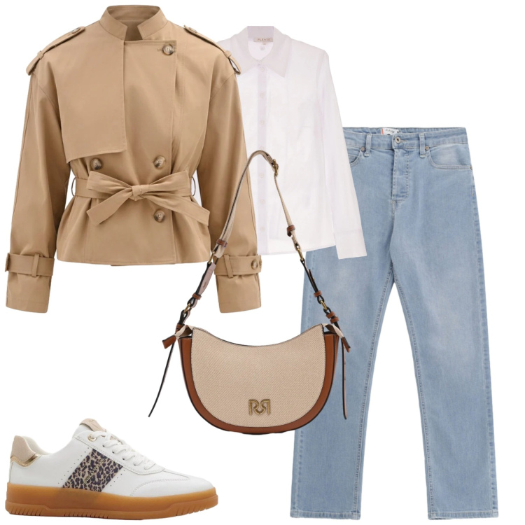Outfit donna - City. Stile Casual chic per Tutti i giorni. Abbinamento con sneakers, camicie, jeans, borse a tracolla, caban.