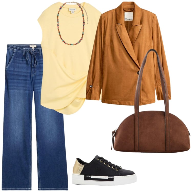 Outfit donna - La giacca di camoscio. per Tutti i giorni. Abbinamento con jeans dritti, borse a tracolla, top, sneakers, blazer, collane.