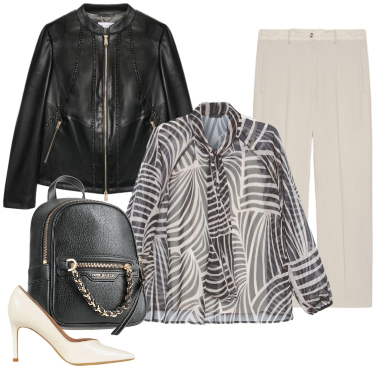 Outfit donna - Eleganza Moderna in Bianco e Nero. Stile Glamour per Serata fuori. Abbinamento con zaini, giacche, pantaloni, bluse, décolleté.