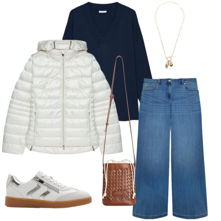 Outfit donna - Blu Navy, Bianco e Denim. Stile Casual chic per Tutti i giorni. Abbinamento con sneakers, maglieria, jeans, piumini, borse a secchiello, ciondoli.