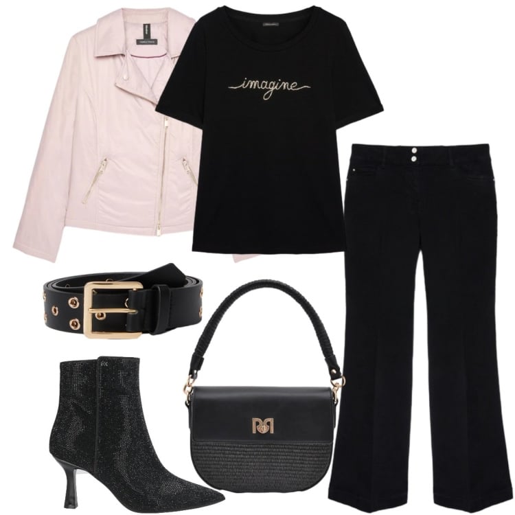 Outfit donna - Fiorella Rubino - curvy style. Stile Rock per Serata fuori. Abbinamento con stivaletti, piumini, jeans, borse a spalla, cinture, t-shirt.