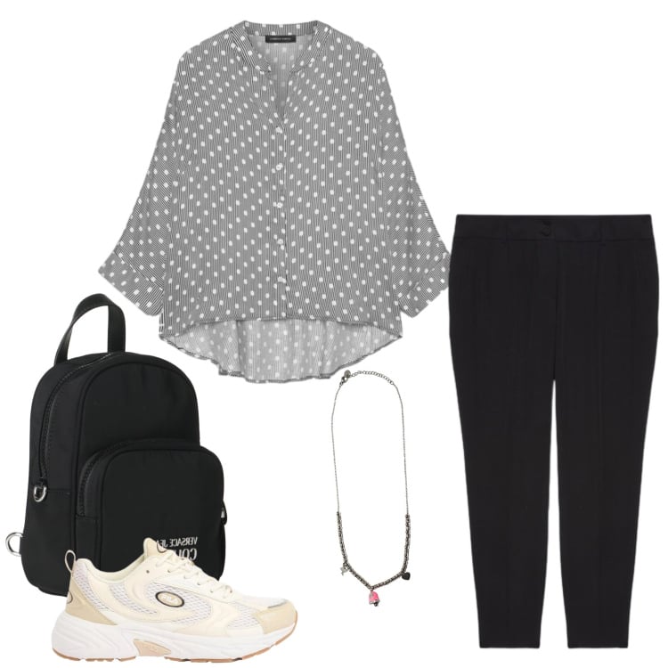 Outfit donna - Casual-Chic per la Città. Stile Casual chic per Tutti i giorni. Abbinamento con zaini, sneakers, camicie, pantaloni, ciondoli.