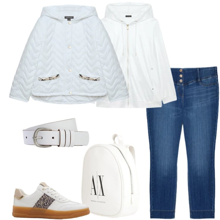 Outfit donna - Il piumino leggero - curvy. Stile Sporty chic per Tutti i giorni. Abbinamento con zaini, cinture, sneakers, piumini, felpe con cappuccio, jeggings.