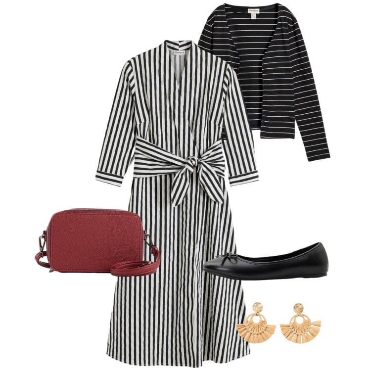 Outfit donna - Total look #2372982. Stile Chic per Tutti i giorni. Abbinamento con ballerine, vestiti midi/longuette, orecchini, borse a tracolla, cardigans.