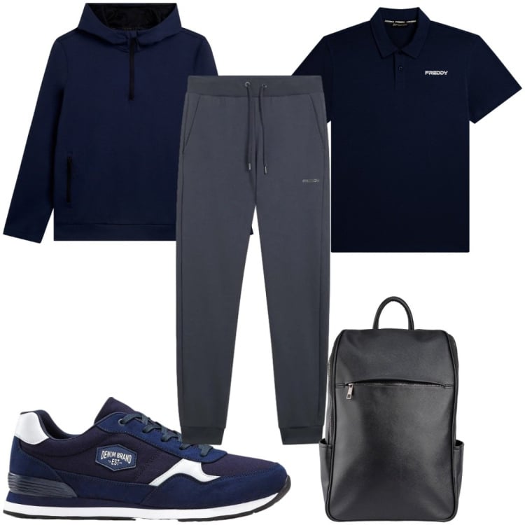 Outfit uomo - Total look #2372988. Stile Trendy per Sport. Abbinamento con sneakers, pantaloni, felpe con cappuccio, polo, borse sportive.
