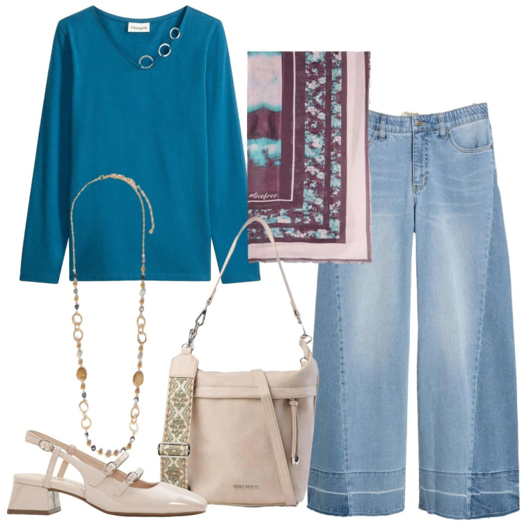 Outfit donna - Total look #2372991. Stile Casual chic per Tutti i giorni. Abbinamento con bluse, décolleté, jeans, borse a tracolla, collane, foulard.