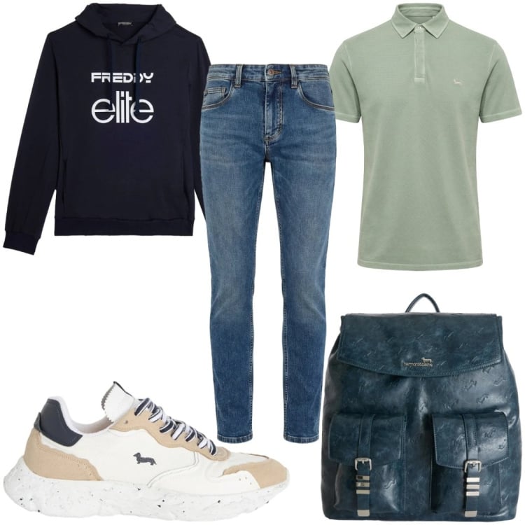 Outfit uomo - Total look #2372994. Stile Trendy per Tutti i giorni. Abbinamento con borse sportive, sneakers, jeans slim fit, polo, felpe con cappuccio.