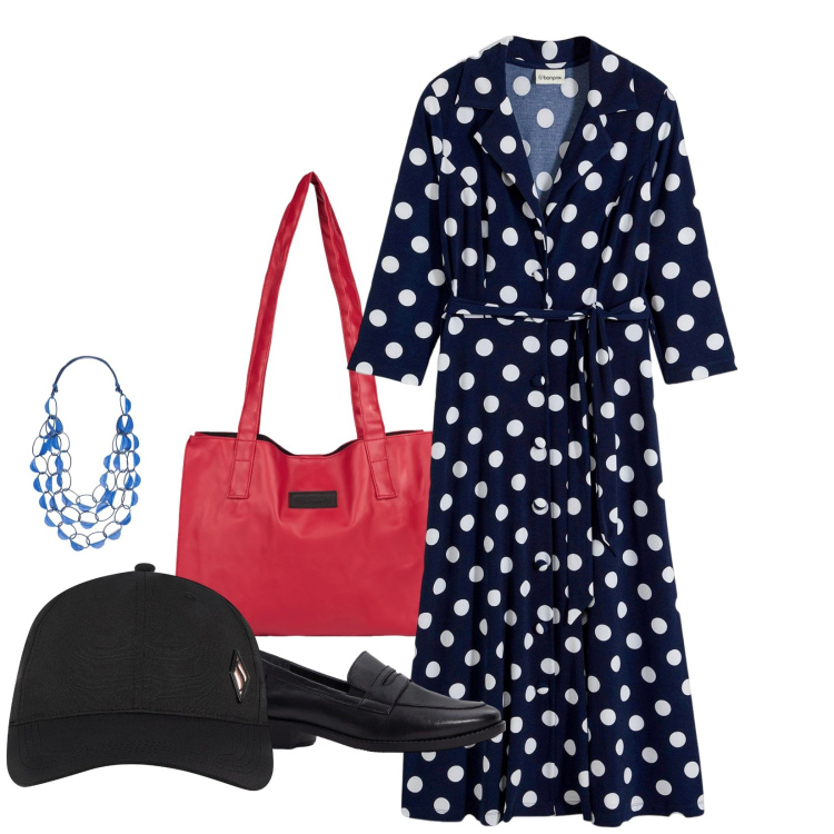 Outfit donna - Total look #2372995. Stile Glamour per Scuola/Università. Abbinamento con mocassini, vestiti chemisier, cappelli con visiera, collane, shopping bag.