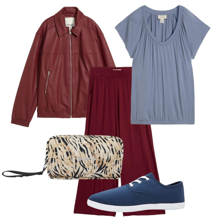 Outfit donna - Burgundy. Stile Basic per Tutti i giorni. Abbinamento con sneakers, pantaloni, t-shirt, blazer, valigie.
