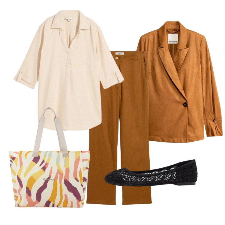 Outfit donna - Passeggiata. Stile Bon Ton per Tutti i giorni. Abbinamento con bluse, pantaloni, blazer, ballerine, shopping bag.