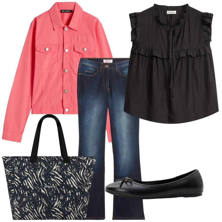 Outfit donna - Corallo. Stile Bon Ton per Tutti i giorni. Abbinamento con ballerine, bluse, jeans bootcut, blazer, shopping bag.