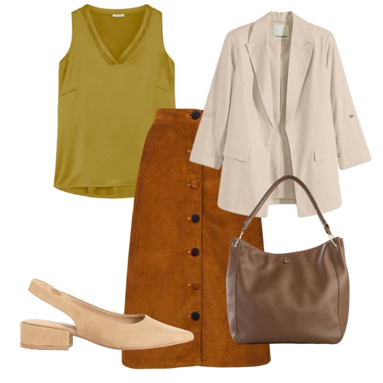 Outfit donna - Ufficio. Stile Bon Ton per Tutti i giorni. Abbinamento con borse a tracolla, blazer, décolleté, top, gonne longuette.