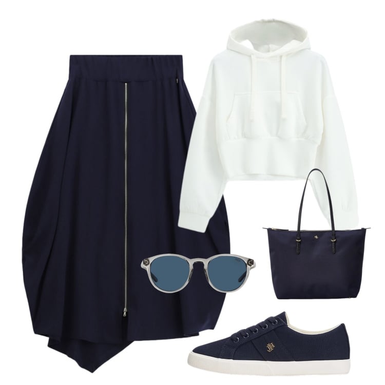 Outfit donna - Attitudine Urbana. Stile Urban per Scuola/Università. Abbinamento con gonne longuette, felpe con cappuccio, borse tote, occhiali da sole, sneakers.