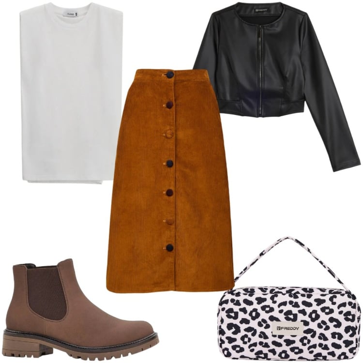 Outfit donna - Total look #2373018. Stile Trendy per Tutti i giorni. Abbinamento con stivaletti, top, giacche, borse a spalla, gonne longuette.