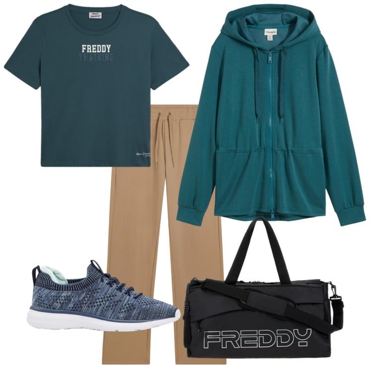 Outfit donna - Palestra. Stile Urban per Sport. Abbinamento con cardigans, sneakers, pantaloni, t-shirt, borse sportive.