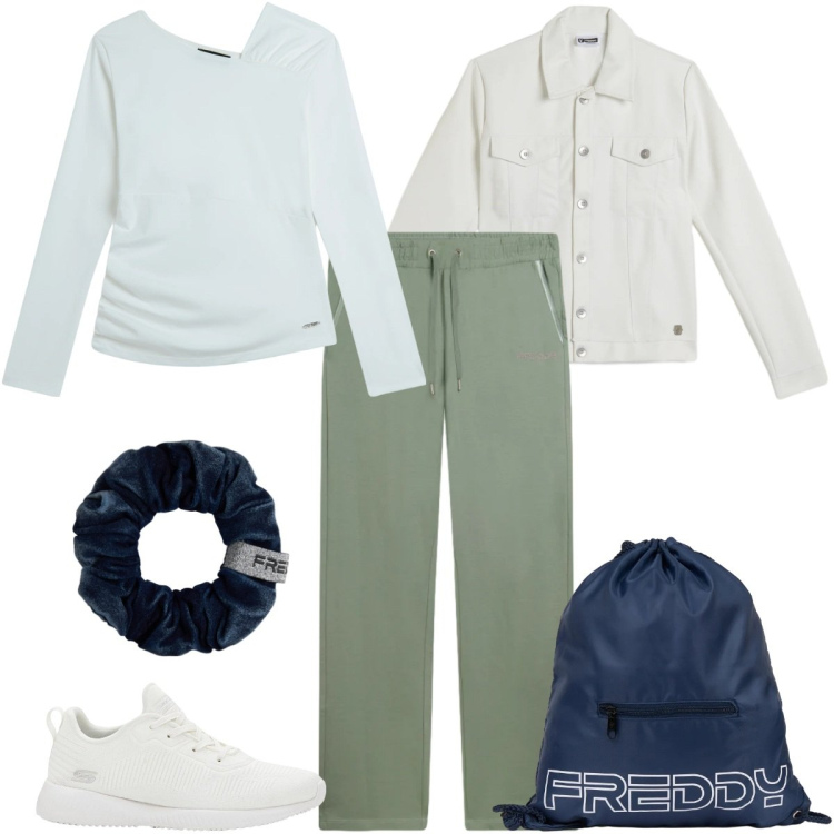 Outfit donna - Sporty chic - curvy. Stile Sporty chic per Tutti i giorni. Abbinamento con sneakers, pantaloni, maglieria, giacche, accessori per capelli, zaini.