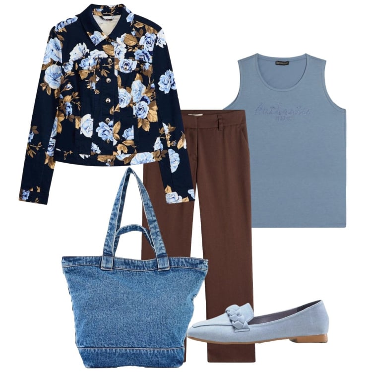 Outfit donna - Spring. Stile Bon Ton per Tutti i giorni. Abbinamento con pantaloni, blazer, mocassini, shopping bag, canottiere.