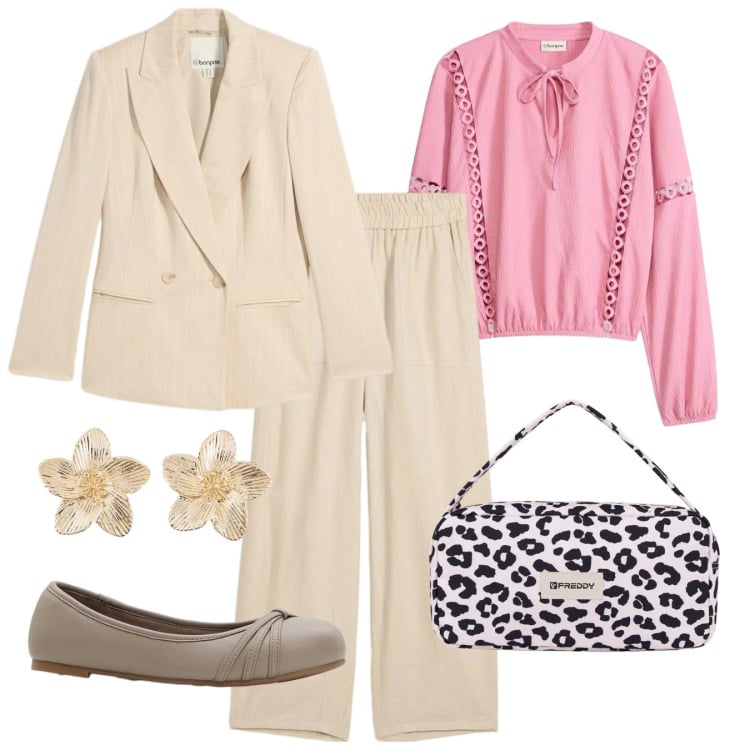 Outfit donna - Primavera pastello. Stile Bon Ton per Tutti i giorni. Abbinamento con pantaloni, bluse, ballerine, blazer, orecchini, borse a spalla.
