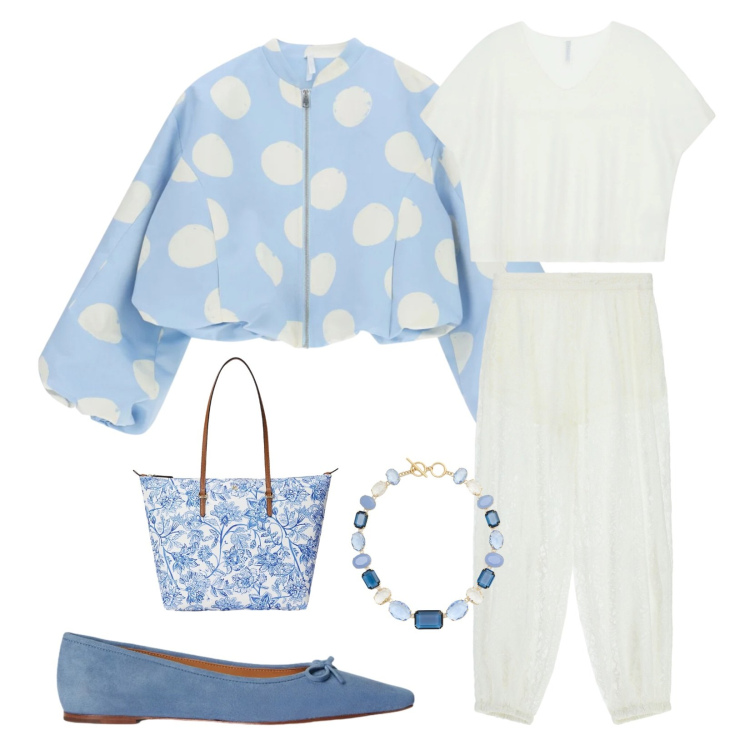 Outfit donna - Eleganza contemporanea. Stile Casual chic per Ufficio. Abbinamento con pantaloni a palazzo, bomber, top, ballerine, borse tote, collane.