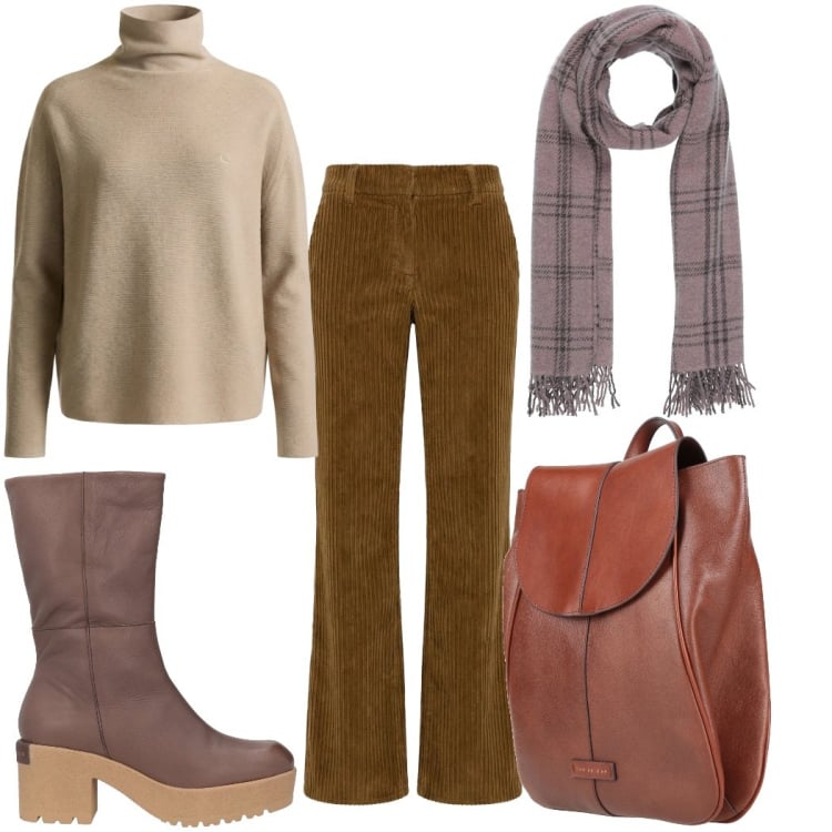 Outfit donna - Total look #2373055. Stile 70s per Tutti i giorni. Abbinamento con sciarpe, zaini, stivaletti, maglieria, pantaloni.