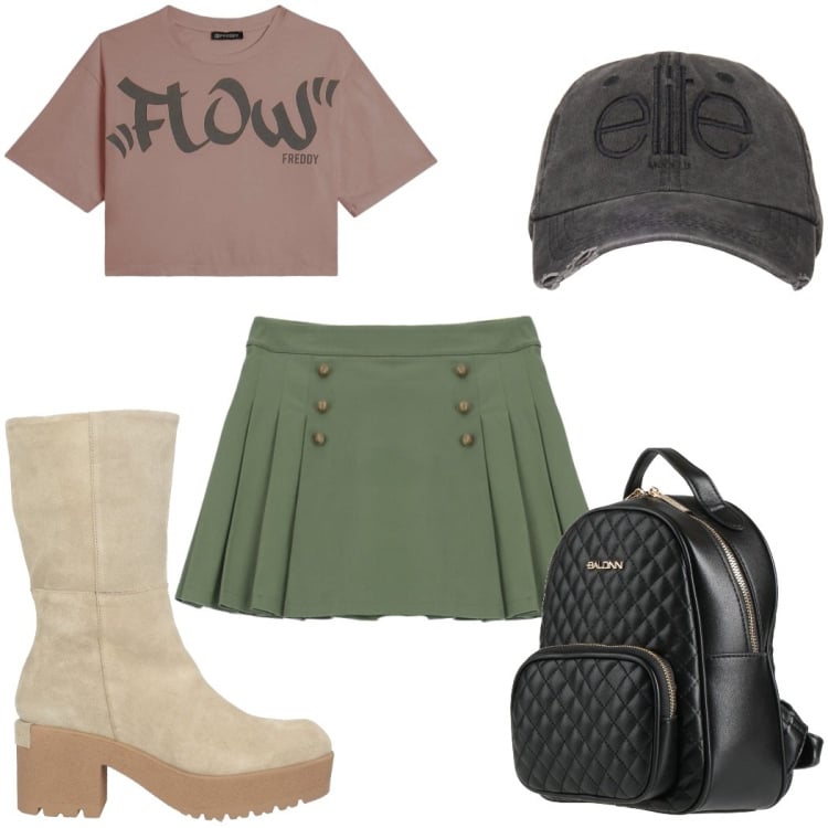 Outfit donna - Total look #2373059. Stile Urban per Tutti i giorni. Abbinamento con stivaletti, zaini, minigonne, t-shirt, cappelli.