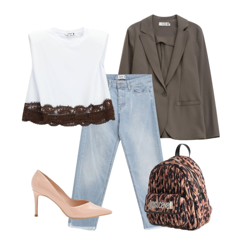 Outfit donna - Il pizzo caffè. Stile Casual chic per Tutti i giorni. Abbinamento con zaini, décolleté, top, jeans, blazer.