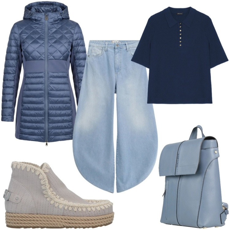 Outfit donna - Total look #2373065. Stile Trendy per Tutti i giorni. Abbinamento con stivaletti, zaini, polo, jeans, piumini.
