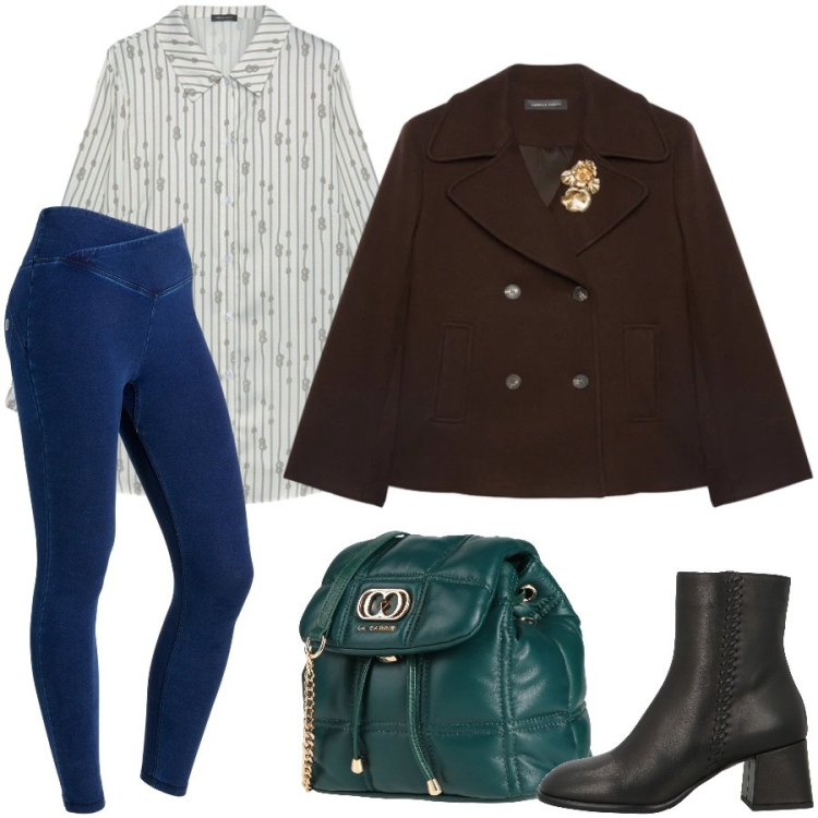 Outfit donna - Total look #2373069. Stile Urban per Ufficio. Abbinamento con valigie, stivaletti, blazer, camicie, leggings.