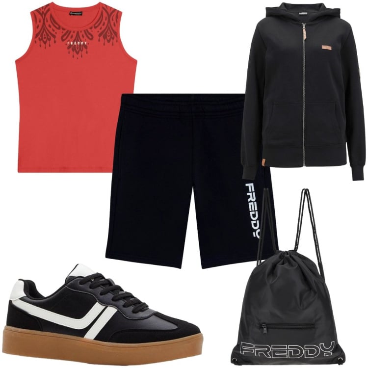 Outfit donna - Total look #2373070. Stile Basic per Sport. Abbinamento con felpe con cappuccio, sneakers, zaini, top sportivi, bermuda.