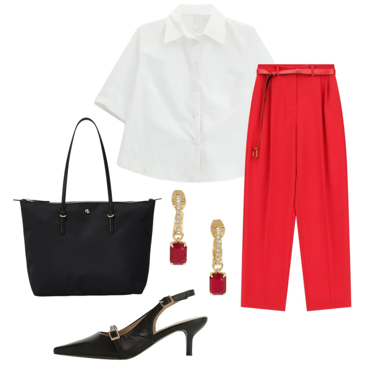 Outfit donna - Sguardo rubino. Stile Casual chic per Serata fuori. look ideale per Petite. Abbinamento con pantaloni a palazzo, camicie a manica corta, sandali col tacco, borse tote, orecchini.