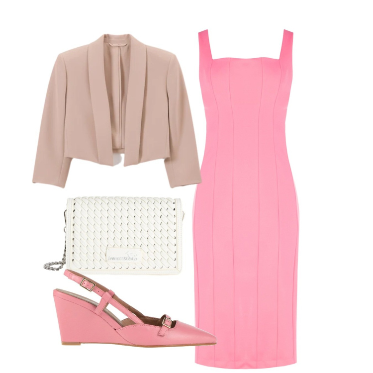 Outfit donna - Cerimonia in rosa. Stile Chic per Cerimonia. Abbinamento con décolleté, borse a tracolla, vestiti midi/longuette, bolero.