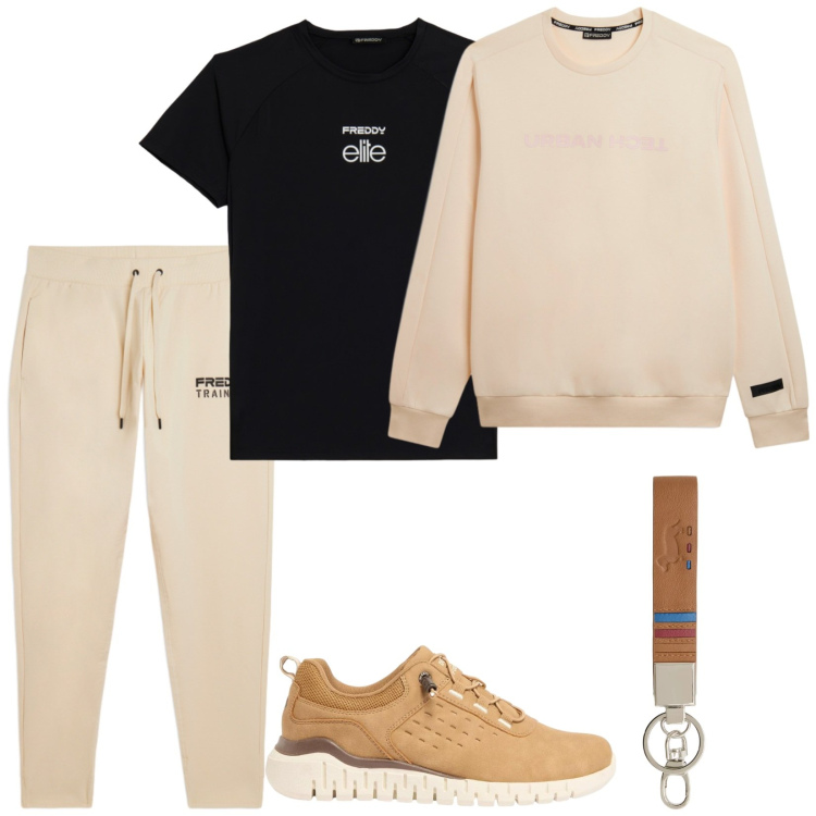 Outfit uomo - Sport. Stile Casual per Sport. Abbinamento con sneakers, portachiavi, t-shirt, pantaloni, felpe.