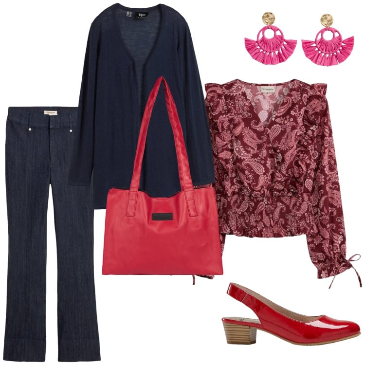 Outfit donna - Rosso e blu. Stile Casual chic per Tutti i giorni. Abbinamento con décolleté, bluse, cardigans, jeans bootcut, orecchini, shopping bag.