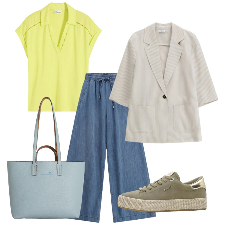 Outfit donna - Primaverile. Stile Bon Ton per Tutti i giorni. Abbinamento con polo, sneakers, shopping bag, jeans, blazer.