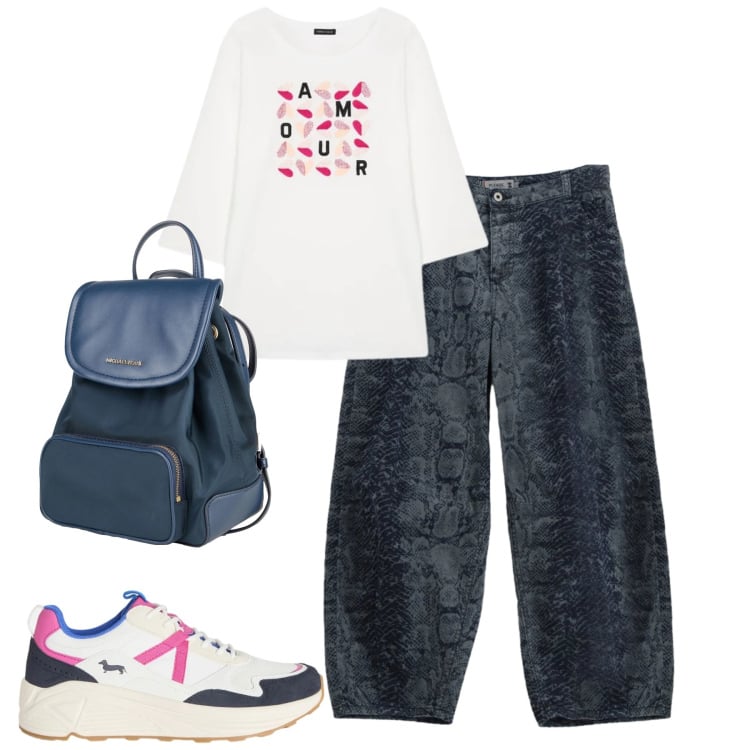 Outfit donna - City. Stile Casual per Tutti i giorni. Abbinamento con zaini, t-shirt, sneakers, jeans.