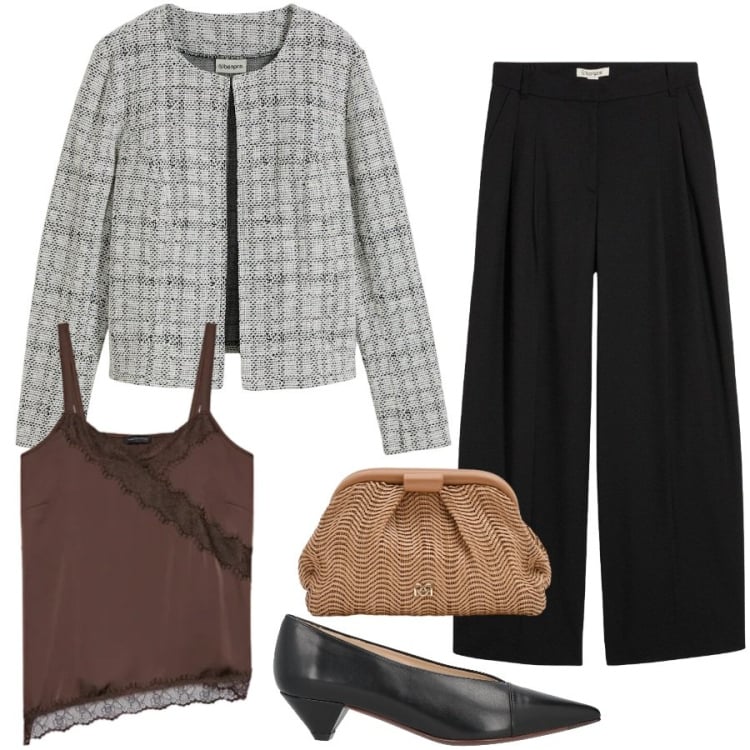 Outfit donna - Total look #2373123. Stile Casual chic per Ufficio. Abbinamento con décolleté, pantaloni, cardigans, top, pochette.