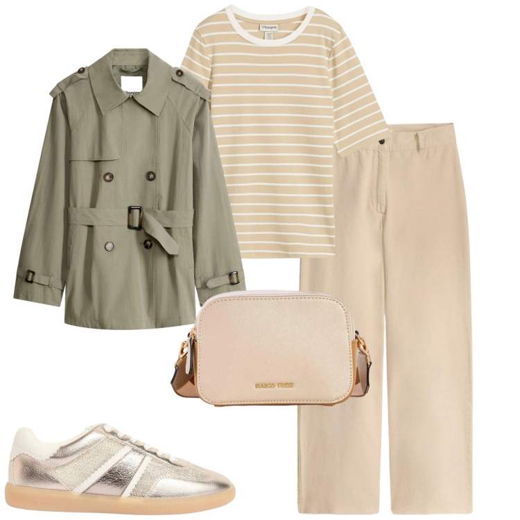 Outfit donna - Total look #2373126. Stile Casual chic per Tutti i giorni. Abbinamento con pantaloni, t-shirt, trench, borse a tracolla, sneakers.