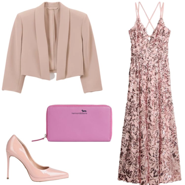 Outfit donna - L\'abito da sera di paillettes. Stile Glamour per Cerimonia. Abbinamento con décolleté, vestiti lunghi, portafogli, bolero.