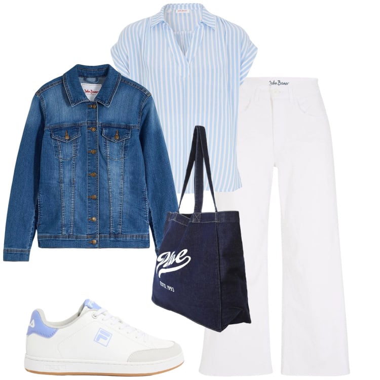 Outfit donna - Total look #2373129. Stile Casual chic per Tutti i giorni. Abbinamento con bluse, jeans, blazer, sneakers, shopping bag.