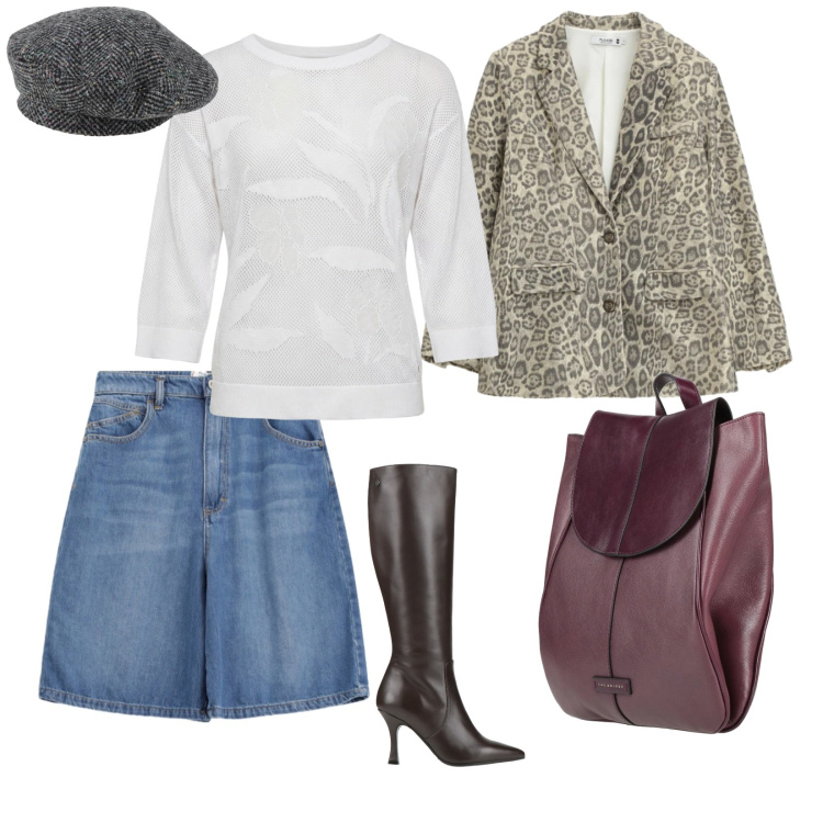 Outfit donna - Un po\' Parigi. per Ufficio. Abbinamento con cappelli e berretti, stivali, zaini, maglieria, blazer, bermuda.